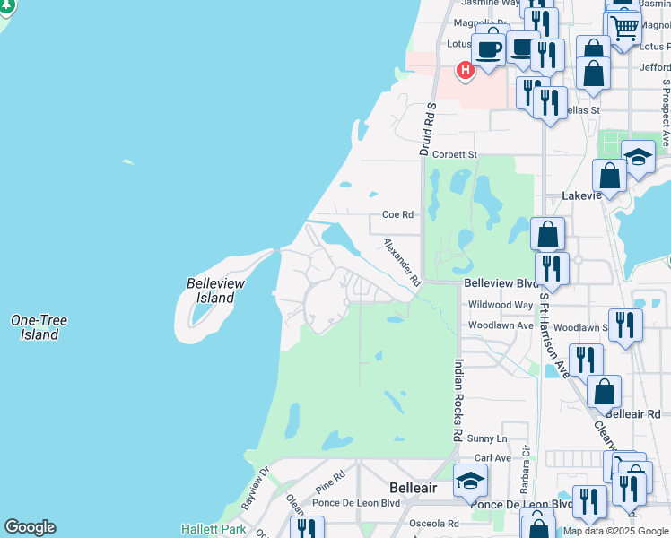 map of restaurants, bars, coffee shops, grocery stores, and more near 150 Belleview Boulevard in Belleair