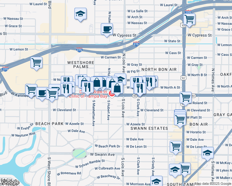 map of restaurants, bars, coffee shops, grocery stores, and more near 4227 West Kennedy Boulevard in Tampa