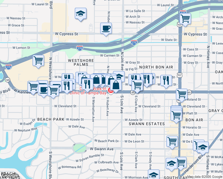 map of restaurants, bars, coffee shops, grocery stores, and more near 4227 West Kennedy Boulevard in Tampa