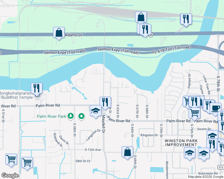 map of restaurants, bars, coffee shops, grocery stores, and more near 6203 Watkins Avenue in Tampa