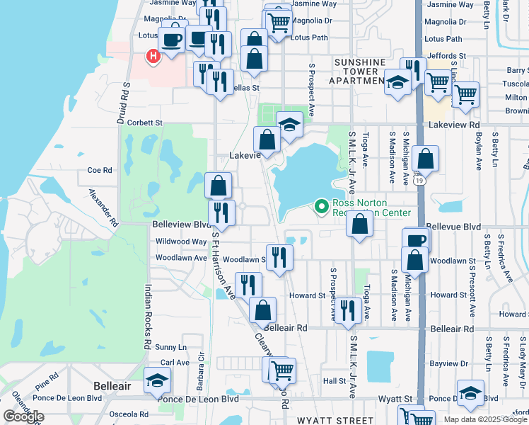 map of restaurants, bars, coffee shops, grocery stores, and more near 625 McLennan St in Clearwater