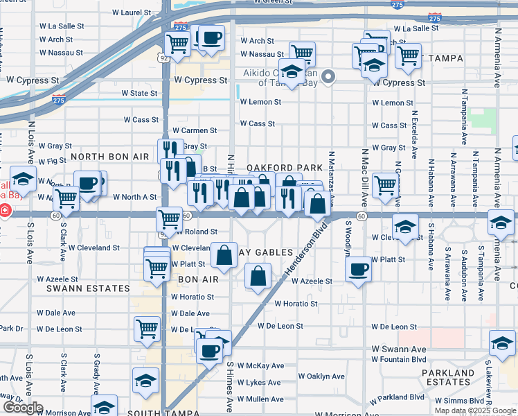 map of restaurants, bars, coffee shops, grocery stores, and more near 3407 West Kennedy Boulevard in Tampa