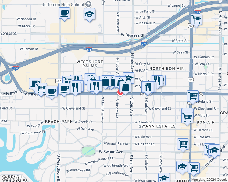 map of restaurants, bars, coffee shops, grocery stores, and more near 4313c West Kennedy Boulevard in Tampa