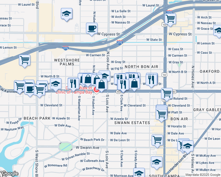 map of restaurants, bars, coffee shops, grocery stores, and more near 4139 West Kennedy Boulevard in Tampa