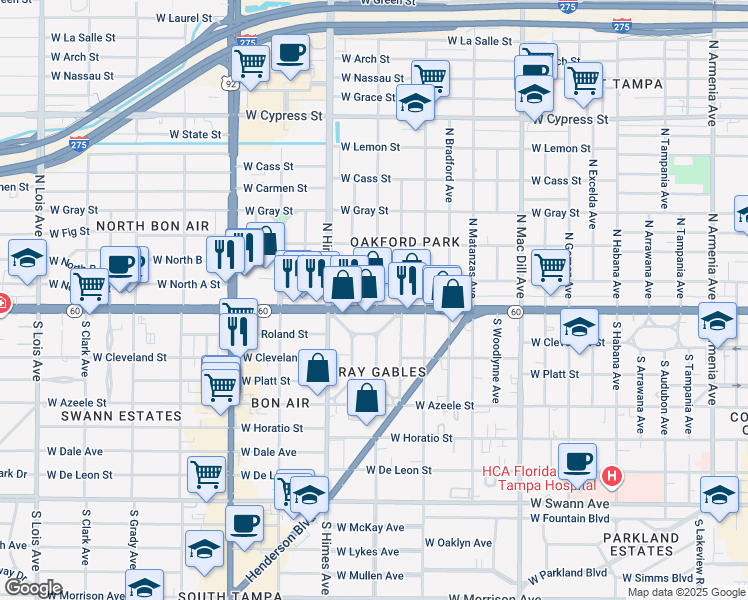 map of restaurants, bars, coffee shops, grocery stores, and more near 3407 West Kennedy Boulevard in Tampa