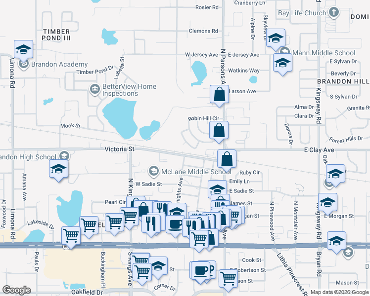 map of restaurants, bars, coffee shops, grocery stores, and more near 503 Pheasant Place in Brandon