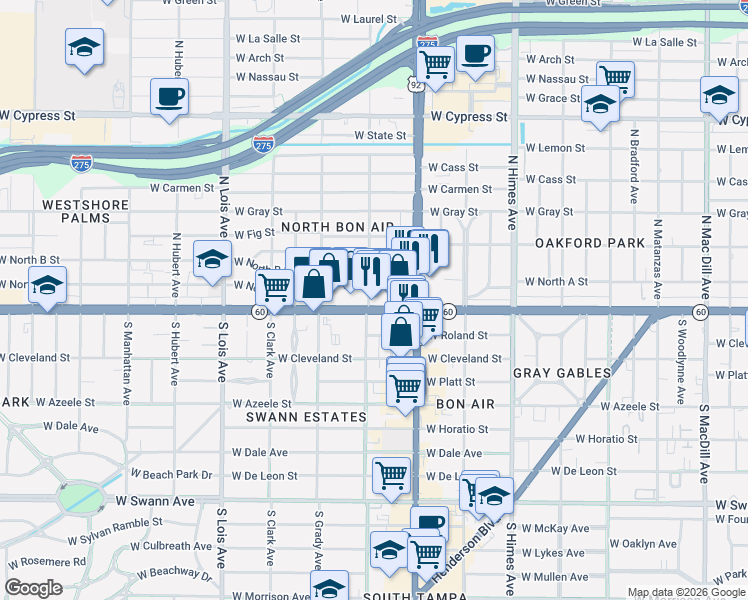 map of restaurants, bars, coffee shops, grocery stores, and more near 3841 West Kennedy Boulevard in Tampa