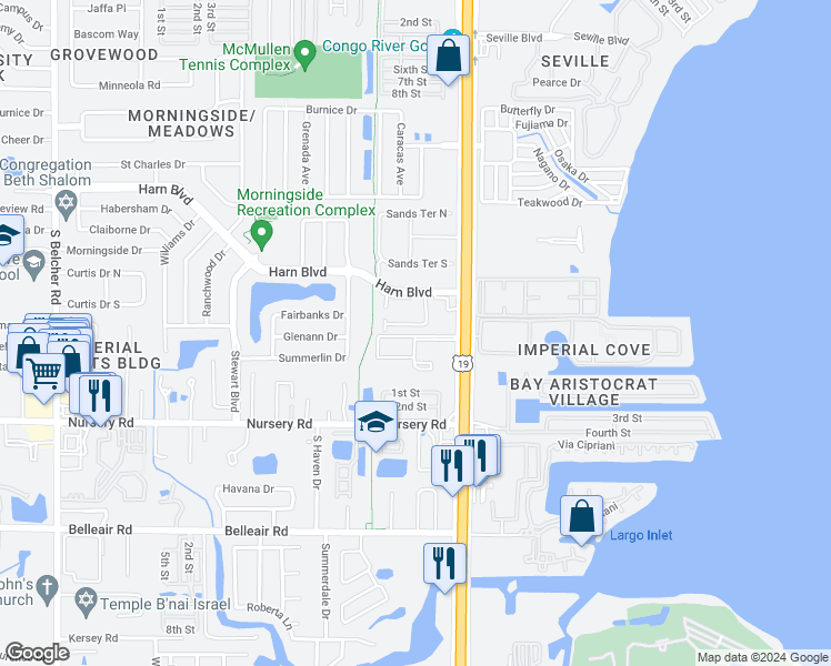 map of restaurants, bars, coffee shops, grocery stores, and more near 2553 Harn Boulevard in Clearwater