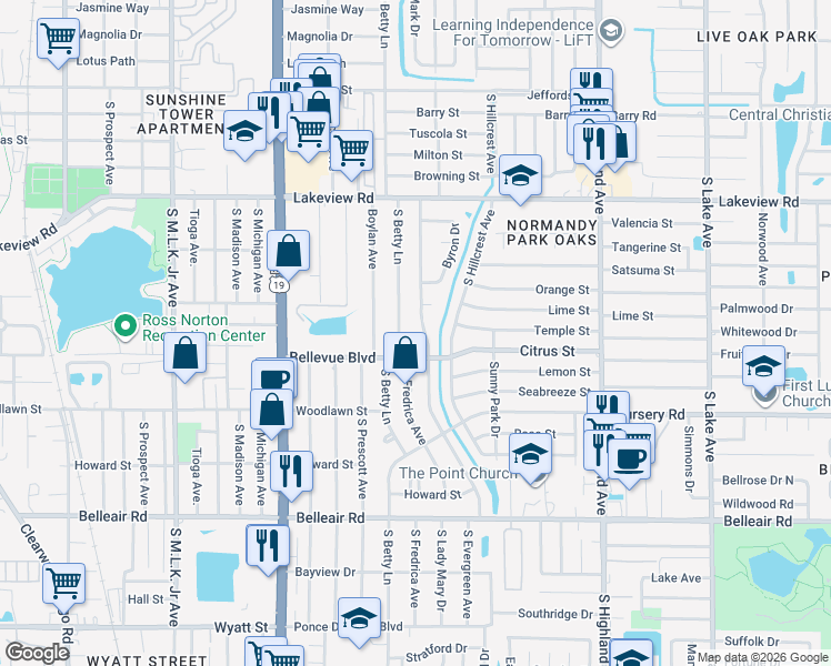 map of restaurants, bars, coffee shops, grocery stores, and more near 1420 South Evergreen Avenue in Clearwater
