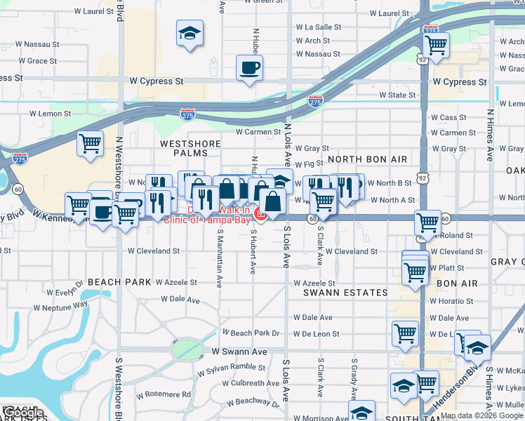 map of restaurants, bars, coffee shops, grocery stores, and more near 4227 West Kennedy Boulevard in Tampa