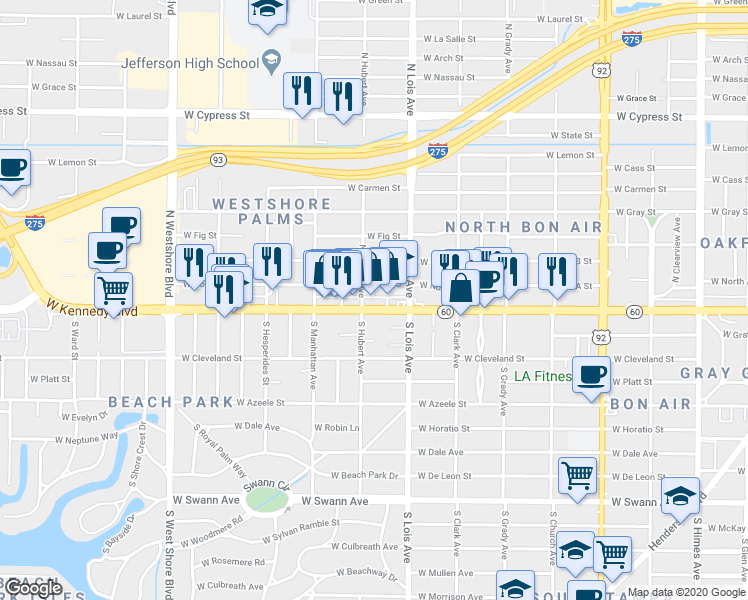 map of restaurants, bars, coffee shops, grocery stores, and more near 4227 West Kennedy Boulevard in Tampa