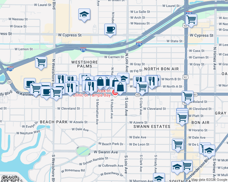 map of restaurants, bars, coffee shops, grocery stores, and more near 4313c West Kennedy Boulevard in Tampa