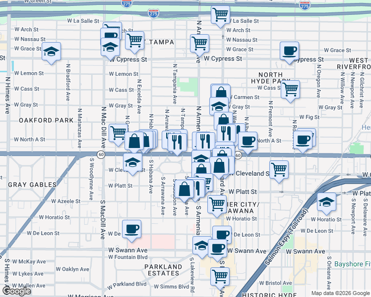 map of restaurants, bars, coffee shops, grocery stores, and more near 100 North Tampania Avenue in Tampa