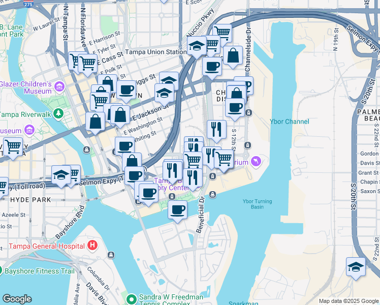 map of restaurants, bars, coffee shops, grocery stores, and more near 916 East Cumberland Avenue in Tampa