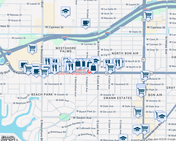 map of restaurants, bars, coffee shops, grocery stores, and more near 4313c West Kennedy Boulevard in Tampa