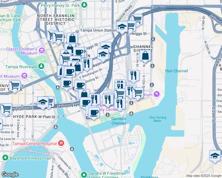 map of restaurants, bars, coffee shops, grocery stores, and more near 301 South Nebraska Avenue in Tampa