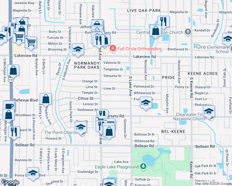 map of restaurants, bars, coffee shops, grocery stores, and more near 1528 Citrus Street in Clearwater