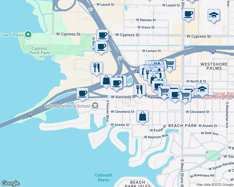 map of restaurants, bars, coffee shops, grocery stores, and more near 5303 West Kennedy Boulevard in Tampa