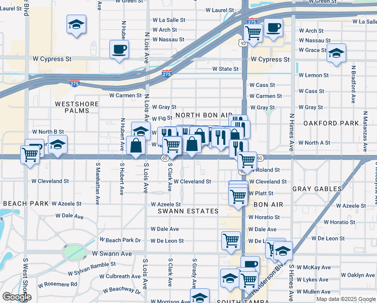 map of restaurants, bars, coffee shops, grocery stores, and more near 4032 West Kennedy Boulevard in Tampa