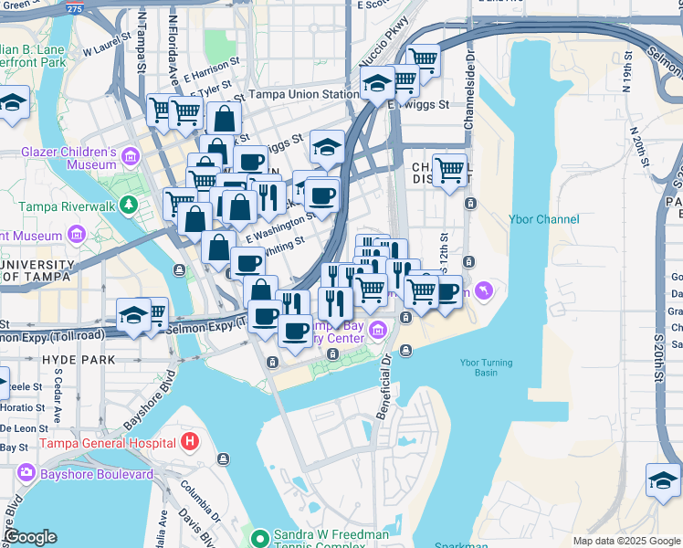 map of restaurants, bars, coffee shops, grocery stores, and more near 301 South Nebraska Avenue in Tampa