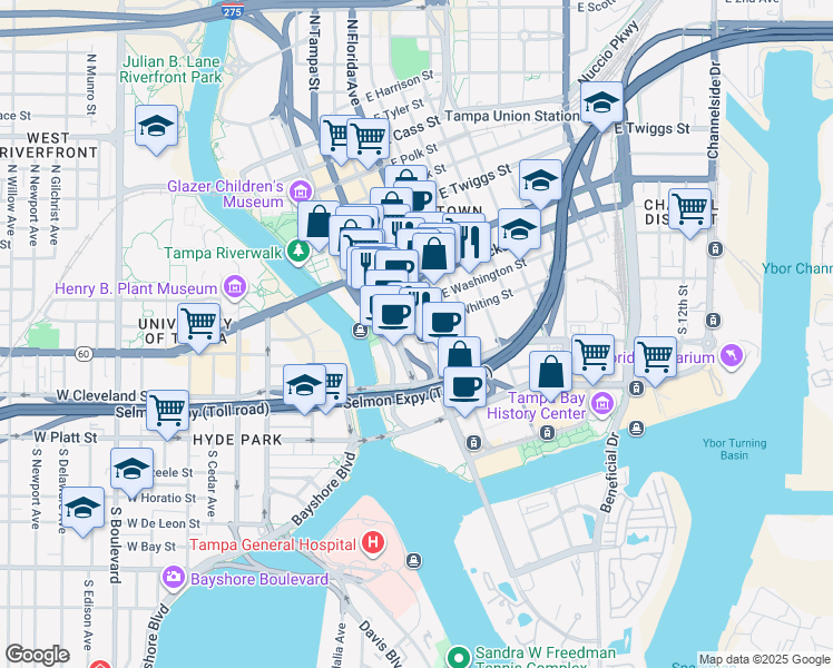 map of restaurants, bars, coffee shops, grocery stores, and more near 197 East Whiting Street in Tampa