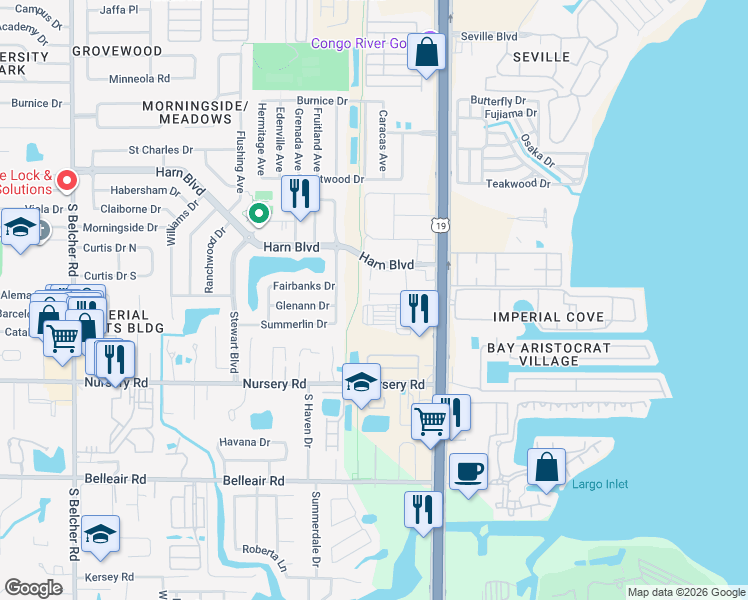 map of restaurants, bars, coffee shops, grocery stores, and more near 2545 Harn Boulevard in Clearwater