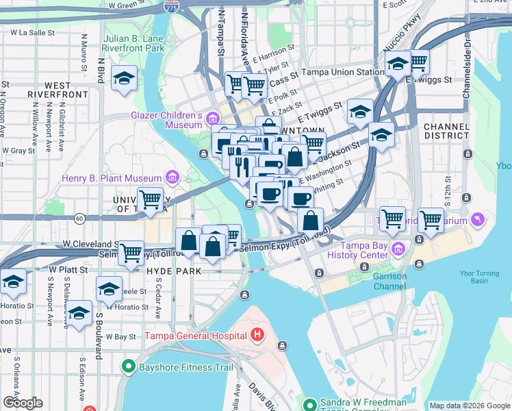 map of restaurants, bars, coffee shops, grocery stores, and more near 100 North Ashley Drive in Tampa