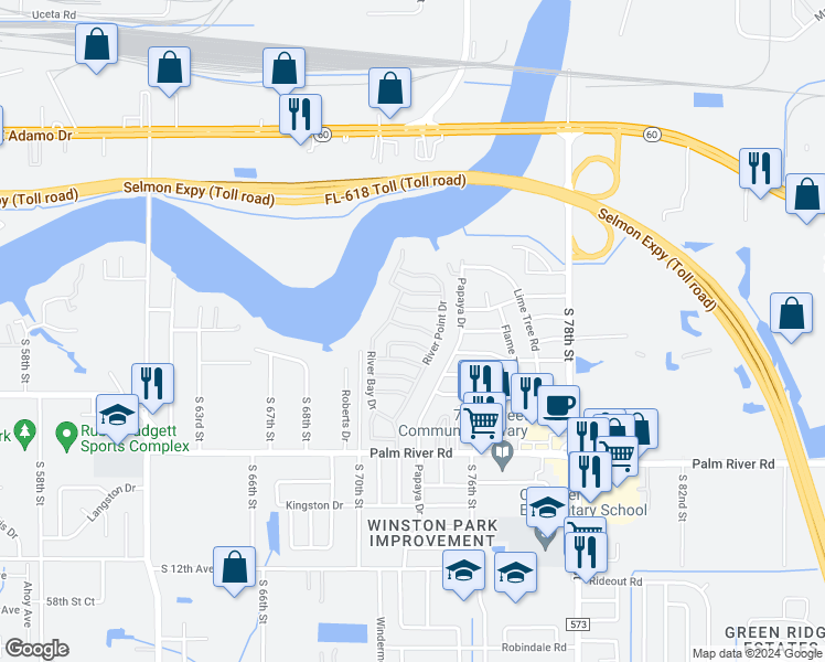 map of restaurants, bars, coffee shops, grocery stores, and more near 7013 Grand Rapids Drive in Tampa