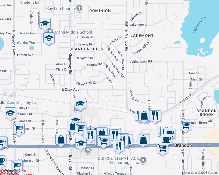 map of restaurants, bars, coffee shops, grocery stores, and more near 506 East Clay Avenue in Brandon
