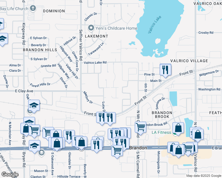 map of restaurants, bars, coffee shops, grocery stores, and more near 412 Darcy Bluff Place in Valrico