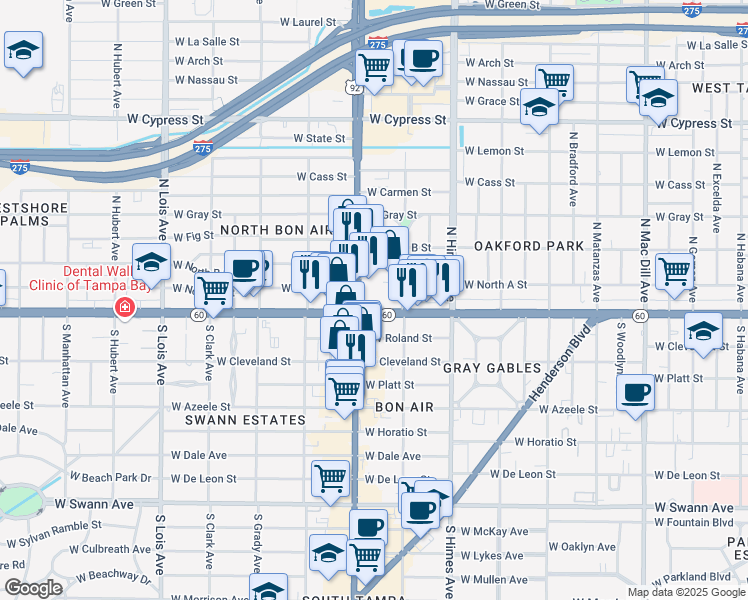 map of restaurants, bars, coffee shops, grocery stores, and more near 1 North Dale Mabry Highway in Tampa
