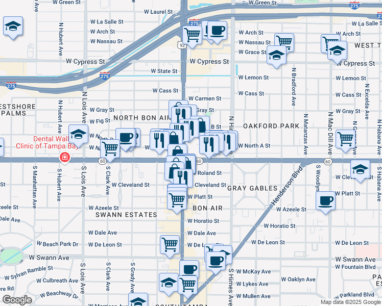 map of restaurants, bars, coffee shops, grocery stores, and more near 1 North Dale Mabry Highway in Tampa