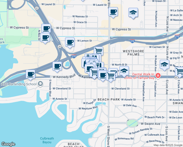 map of restaurants, bars, coffee shops, grocery stores, and more near 201 Westshore Plaza in Tampa