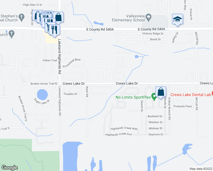 map of restaurants, bars, coffee shops, grocery stores, and more near 2429 Colonel Ford Drive in Lakeland