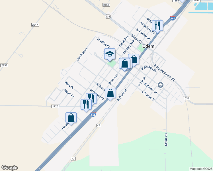 map of restaurants, bars, coffee shops, grocery stores, and more near 1108 Kline in Odem