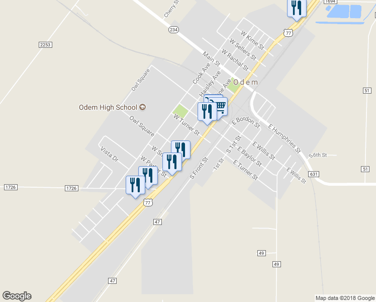 map of restaurants, bars, coffee shops, grocery stores, and more near 1019 US Highway 77 Voss in Odem