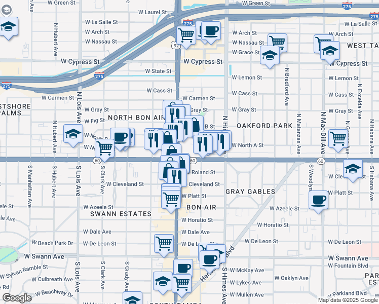 map of restaurants, bars, coffee shops, grocery stores, and more near 1 North Dale Mabry Highway in Tampa