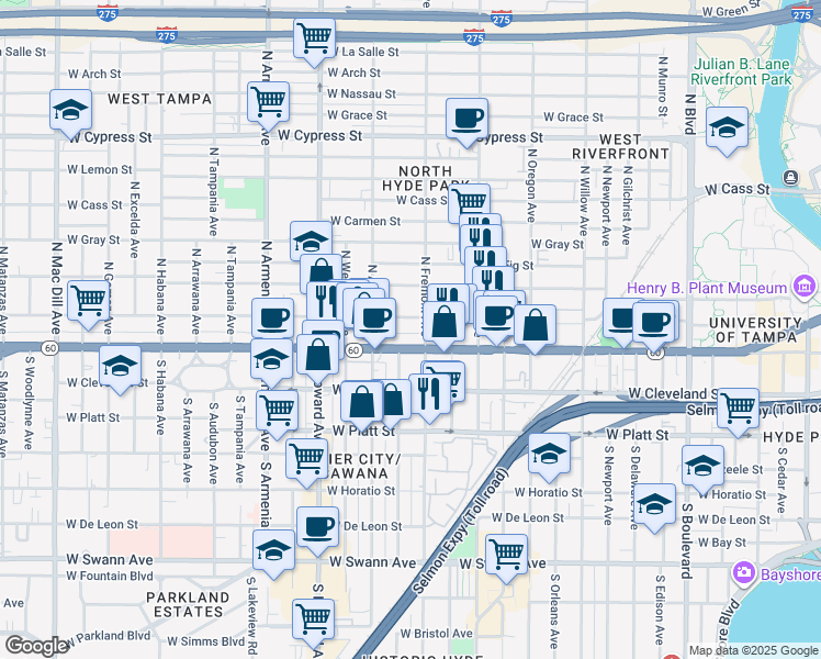 map of restaurants, bars, coffee shops, grocery stores, and more near 1910 West North A Street in Tampa