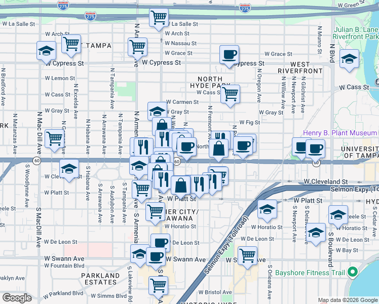 map of restaurants, bars, coffee shops, grocery stores, and more near 2009 West Kennedy Boulevard in Tampa