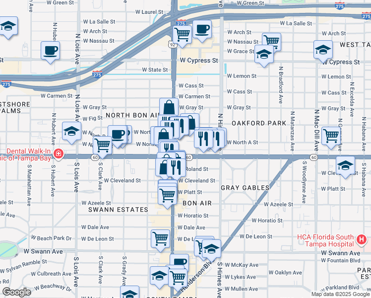 map of restaurants, bars, coffee shops, grocery stores, and more near 1 North Dale Mabry Highway in Tampa