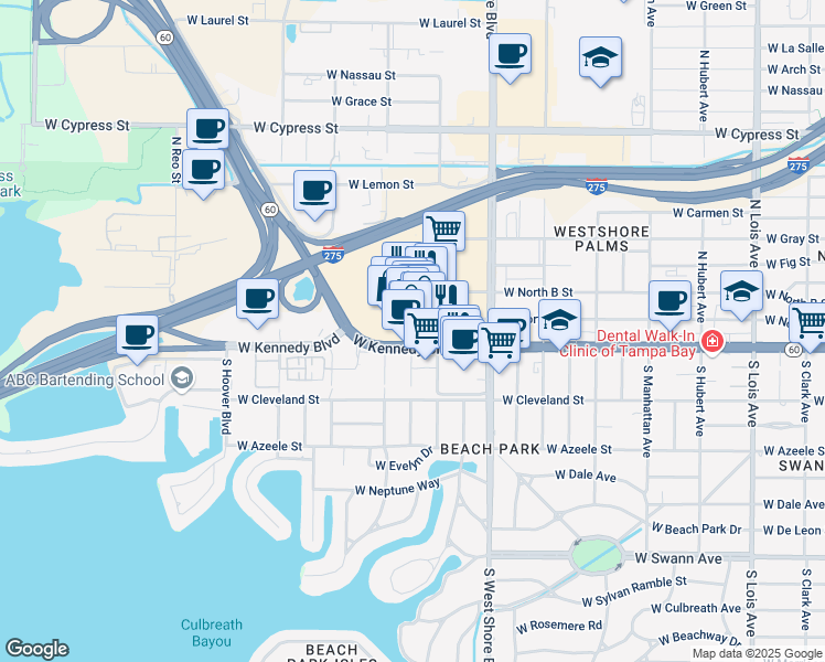 map of restaurants, bars, coffee shops, grocery stores, and more near 1111 Westshore Plaza in Tampa