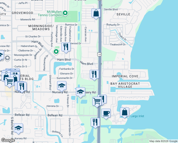map of restaurants, bars, coffee shops, grocery stores, and more near 2553 Harn Boulevard in Clearwater