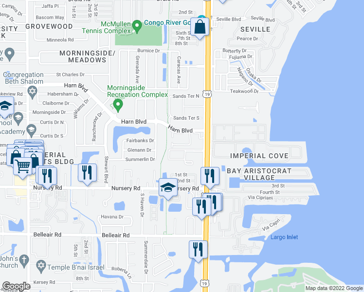 map of restaurants, bars, coffee shops, grocery stores, and more near 2553 Harn Boulevard in Clearwater