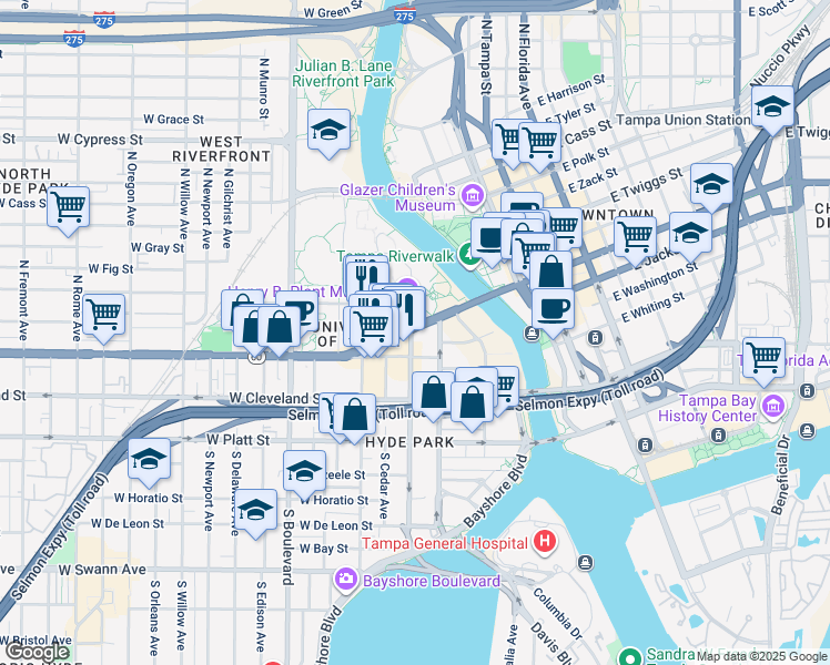 map of restaurants, bars, coffee shops, grocery stores, and more near 115 South Hyde Park Avenue in Tampa