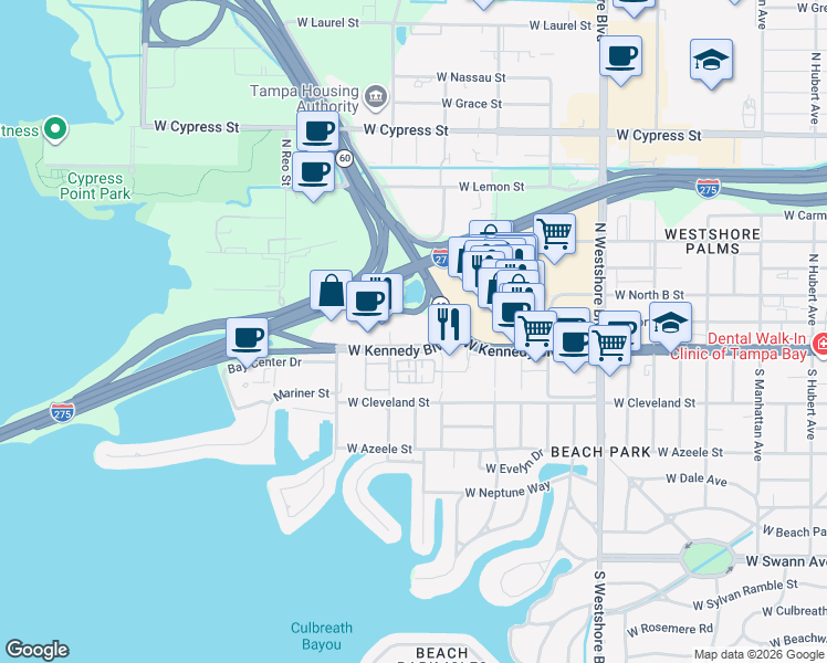 map of restaurants, bars, coffee shops, grocery stores, and more near 5201 West Kennedy Boulevard in Tampa