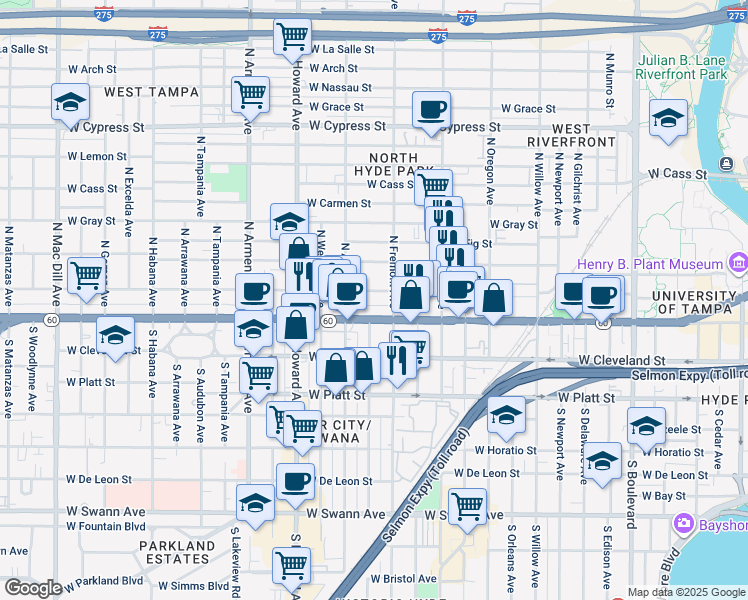 map of restaurants, bars, coffee shops, grocery stores, and more near 1910 West North A Street in Tampa