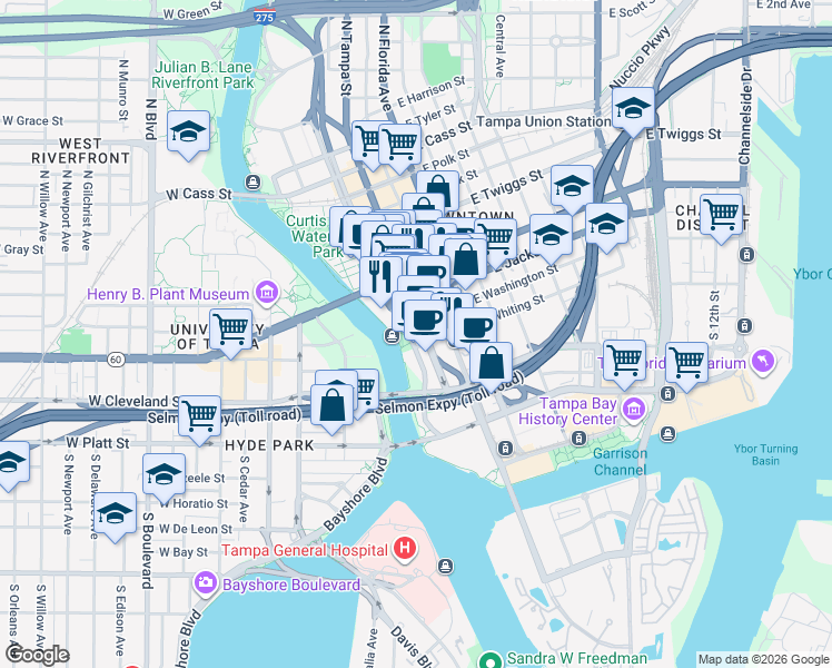 map of restaurants, bars, coffee shops, grocery stores, and more near 100 North Tampa Street in Tampa