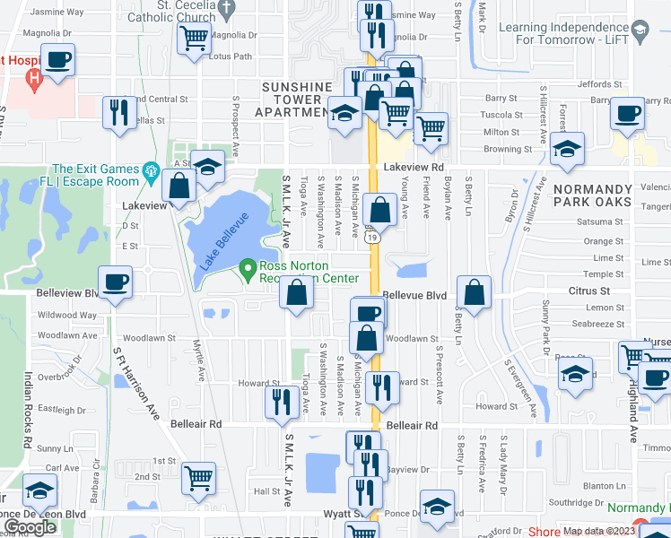 map of restaurants, bars, coffee shops, grocery stores, and more near 1415 South Madison Avenue in Clearwater