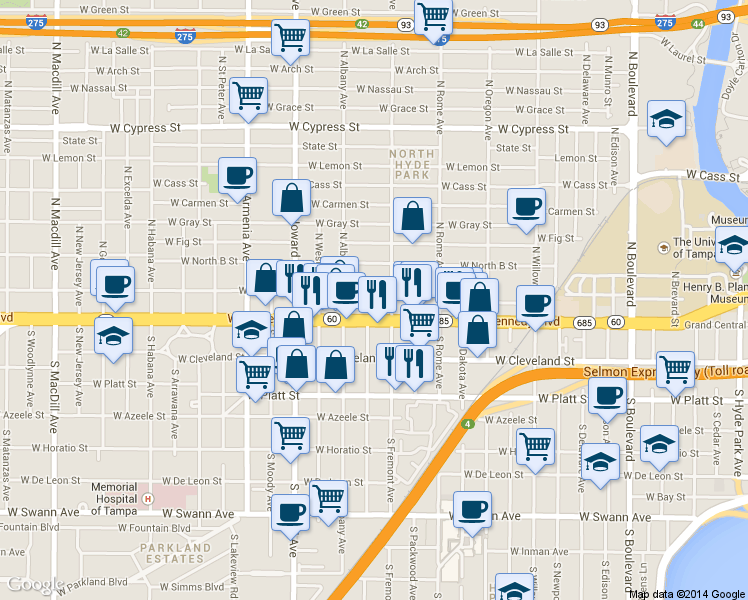 map of restaurants, bars, coffee shops, grocery stores, and more near 1901 West Kennedy Boulevard in Tampa