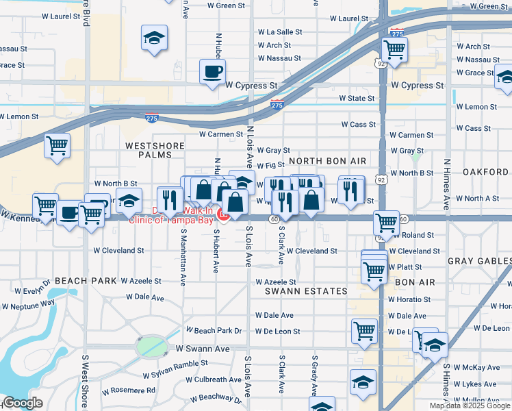 map of restaurants, bars, coffee shops, grocery stores, and more near 4139 West Kennedy Boulevard in Tampa